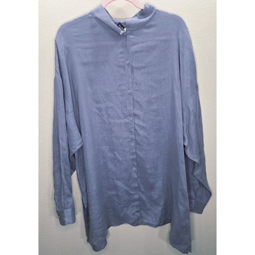 Eileen Fisher Irish Linen Tunic Top Blue Oversized M L Button Front Minimalist